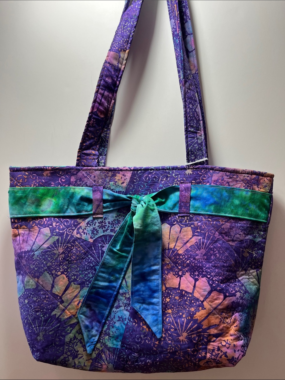 Purple Batik Tote Bag with Teal Accent Bow